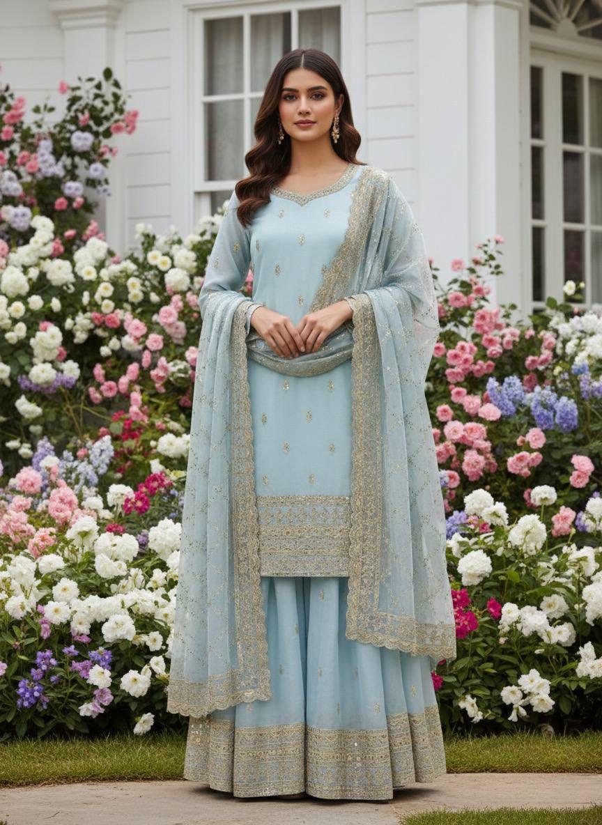 Embroidered Silk Palazzo Suit Set