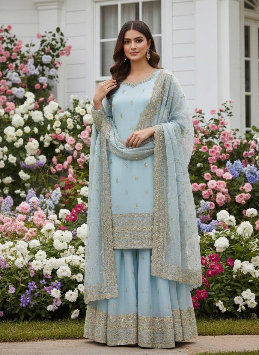 Embroidered Silk Palazzo Suit Set