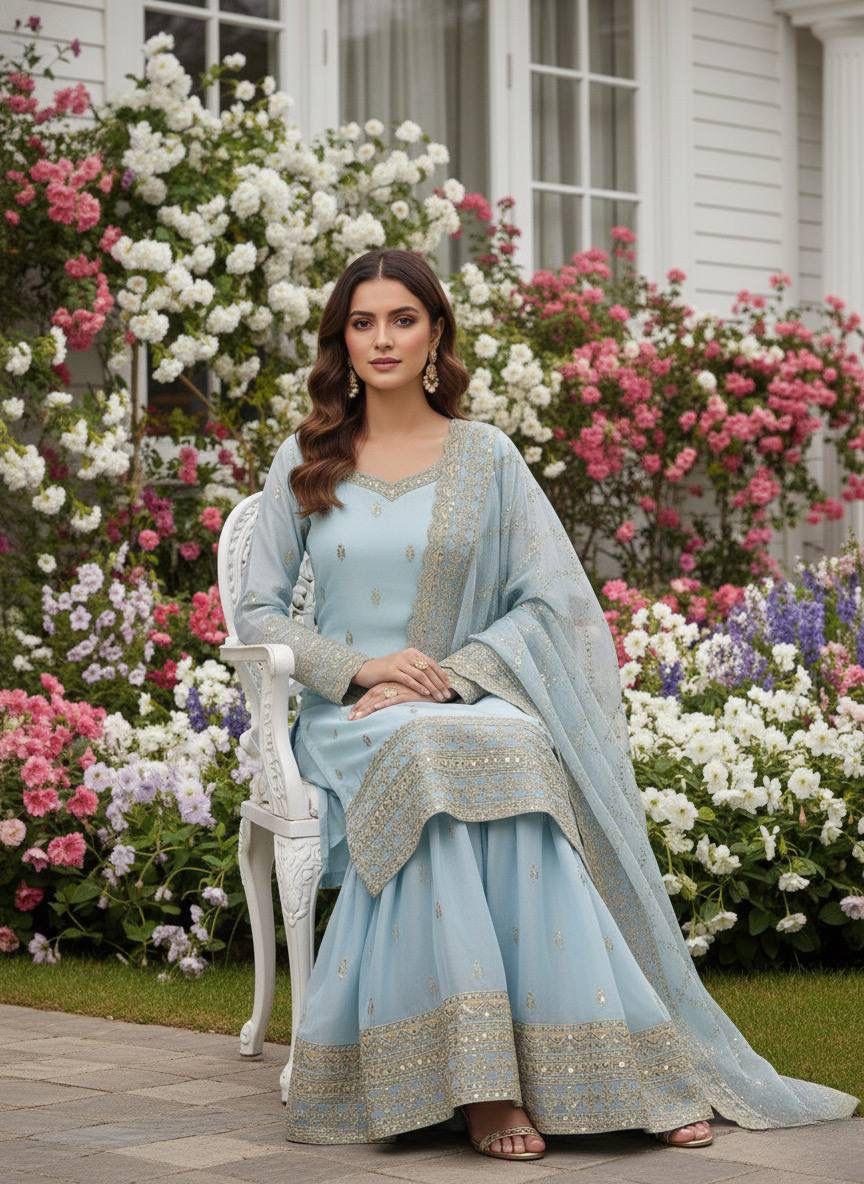 Embroidered Silk Palazzo Suit Set