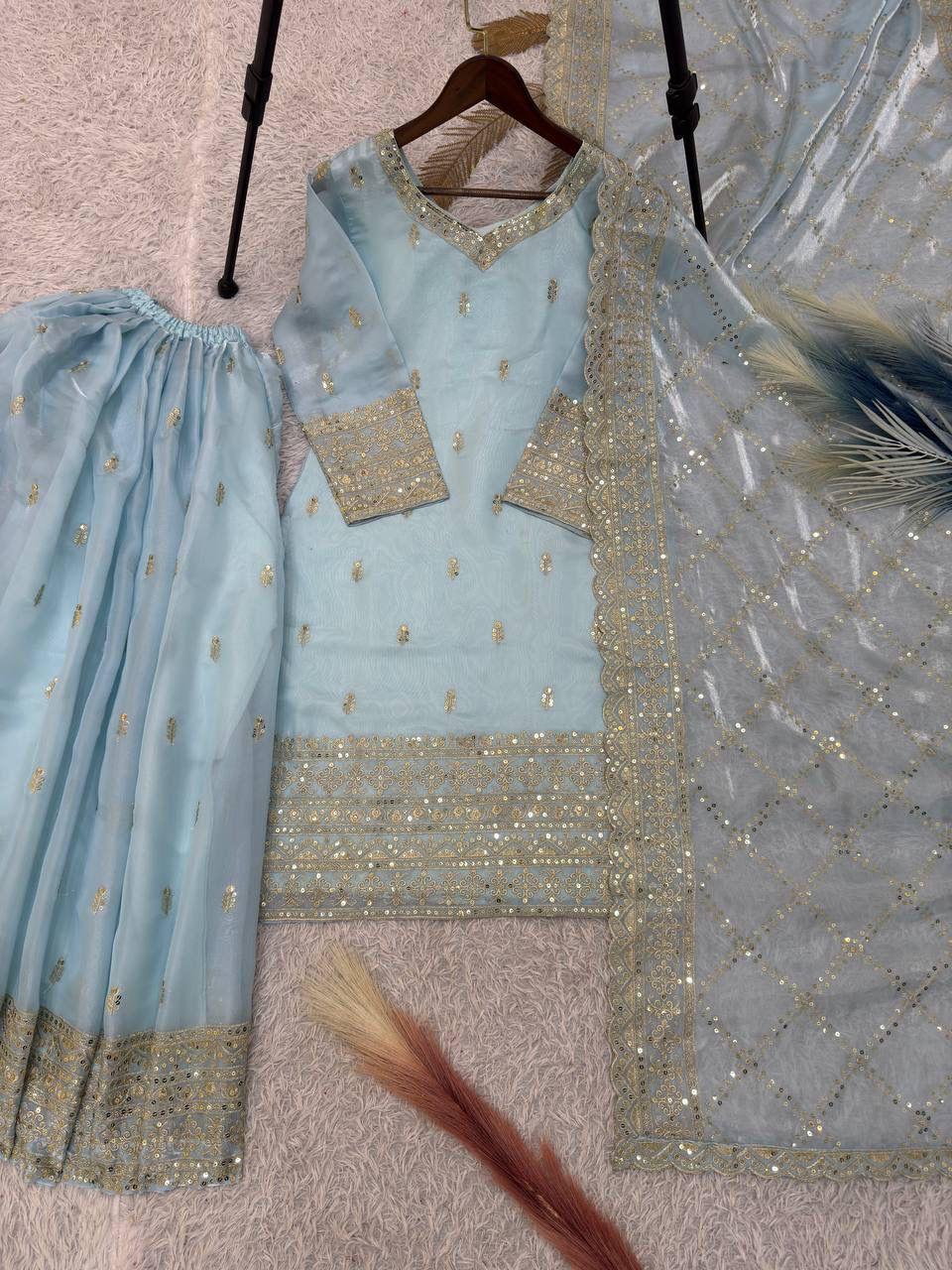 Embroidered Silk Palazzo Suit Set