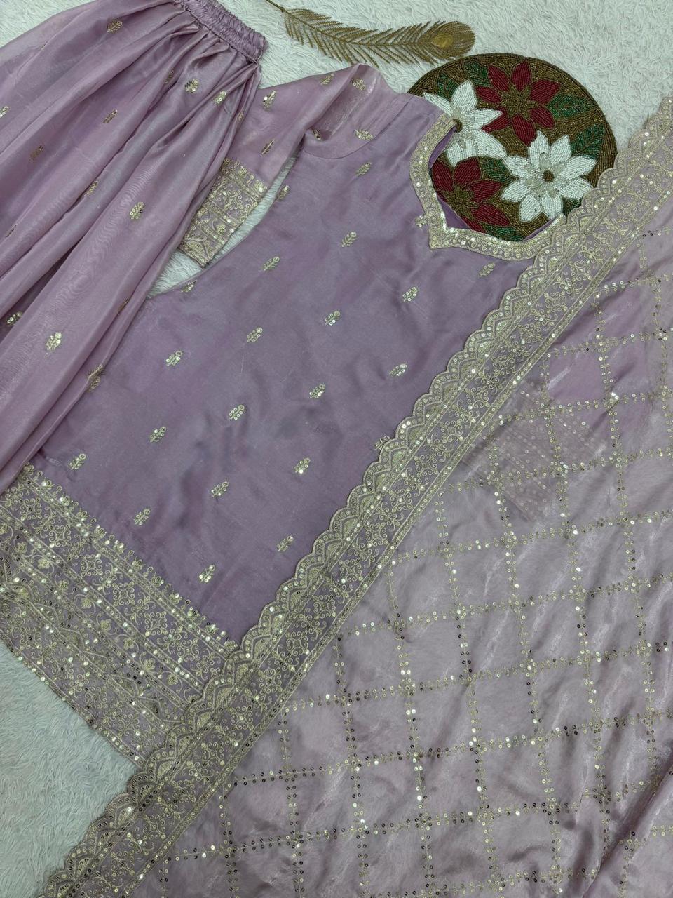 Embroidered Silk Palazzo Suit Set