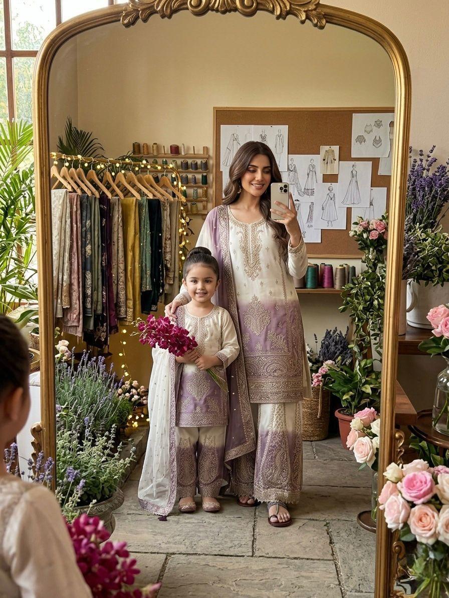 Designer Georgette Mother-Daughter Top Palazzo Set