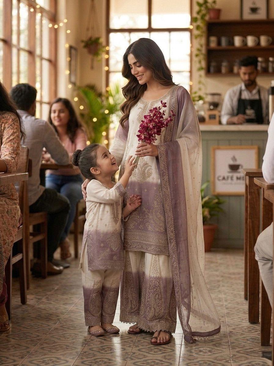 Designer Georgette Mother-Daughter Top Palazzo Set