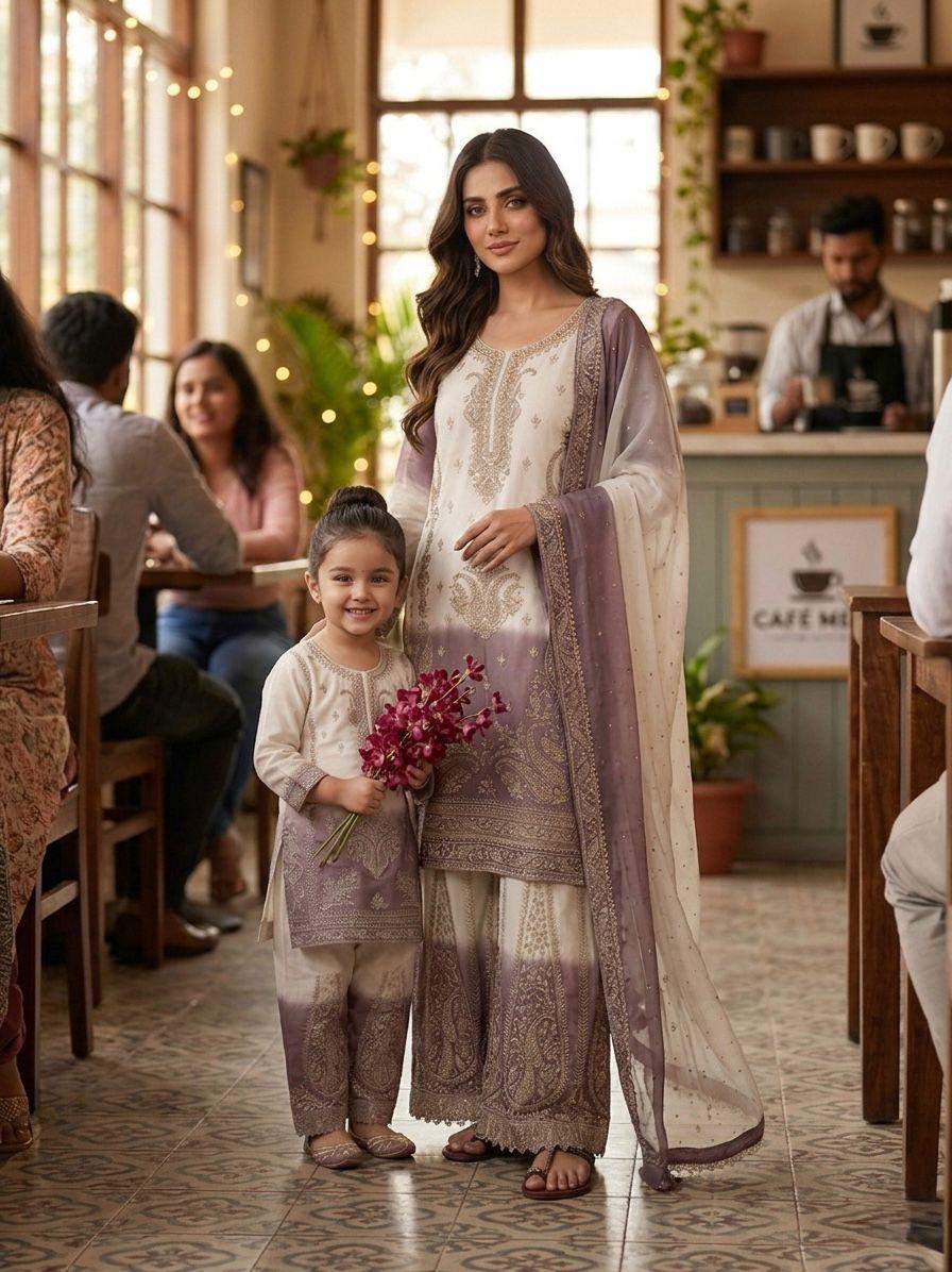 Designer Georgette Mother-Daughter Top Palazzo Set