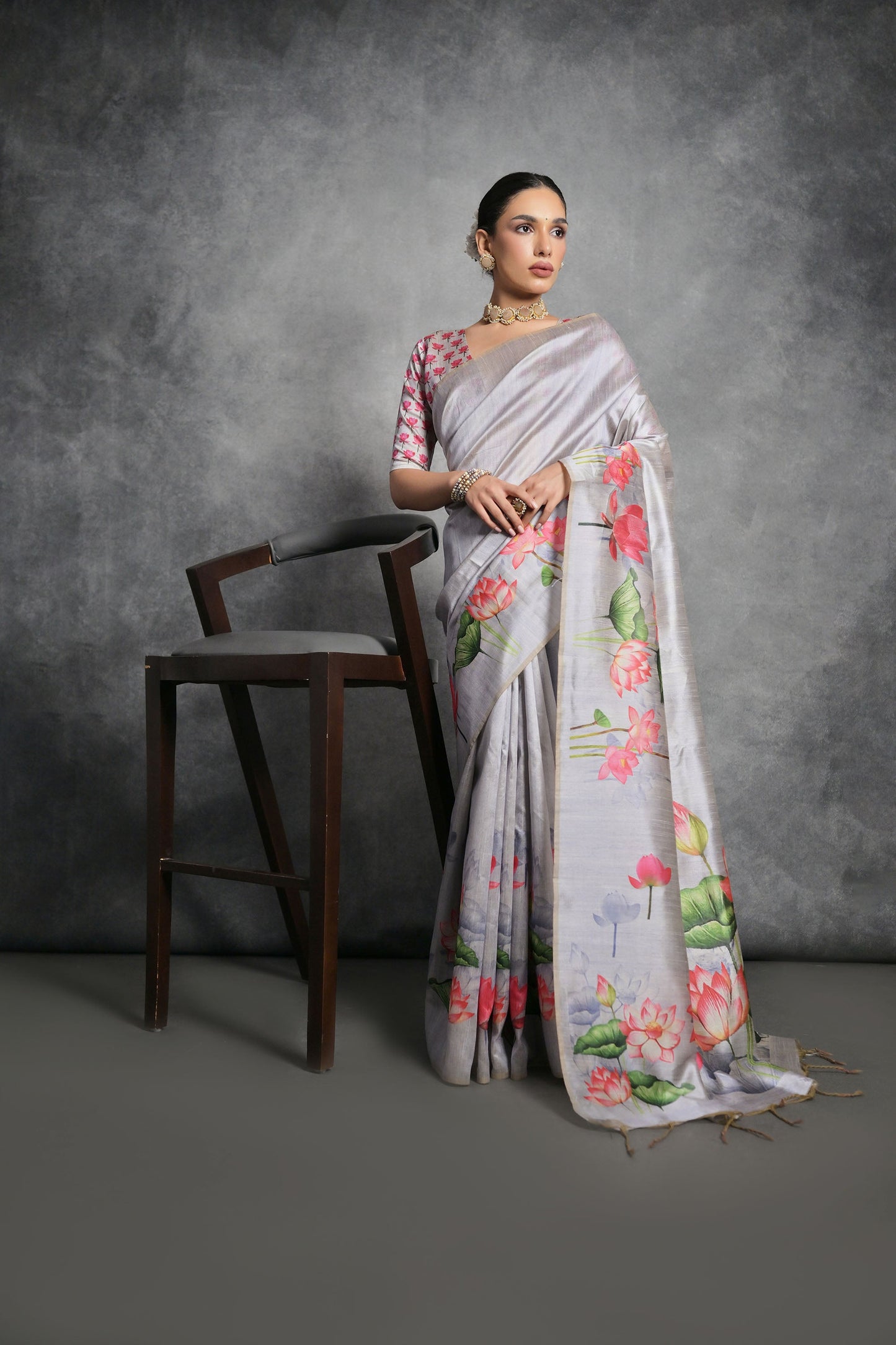 Grey Yogita Lotus Soft Tussar Silk Zari Saree