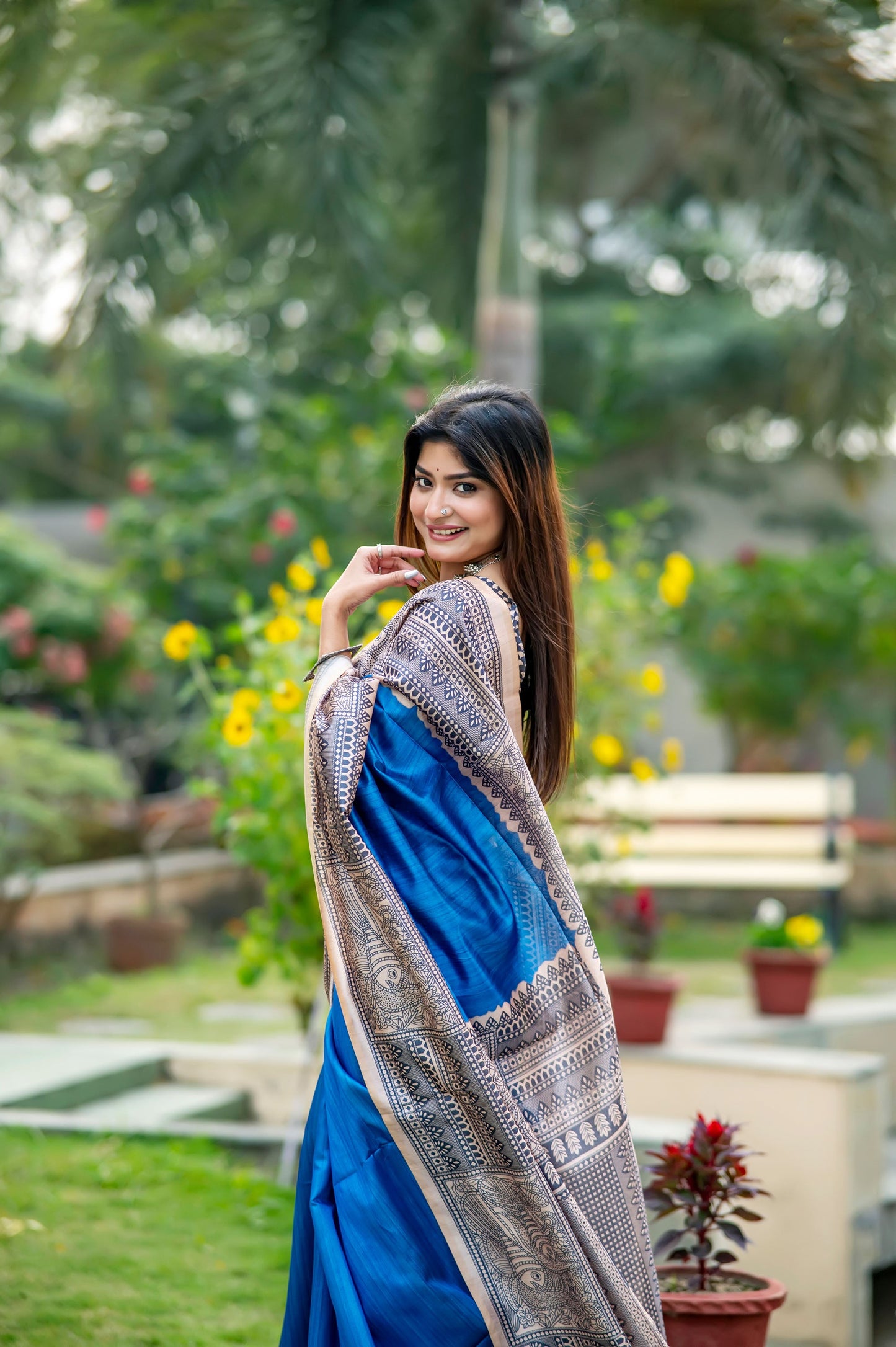 Yogita Blue Soft Tussar Silk Madhubani printed Saree