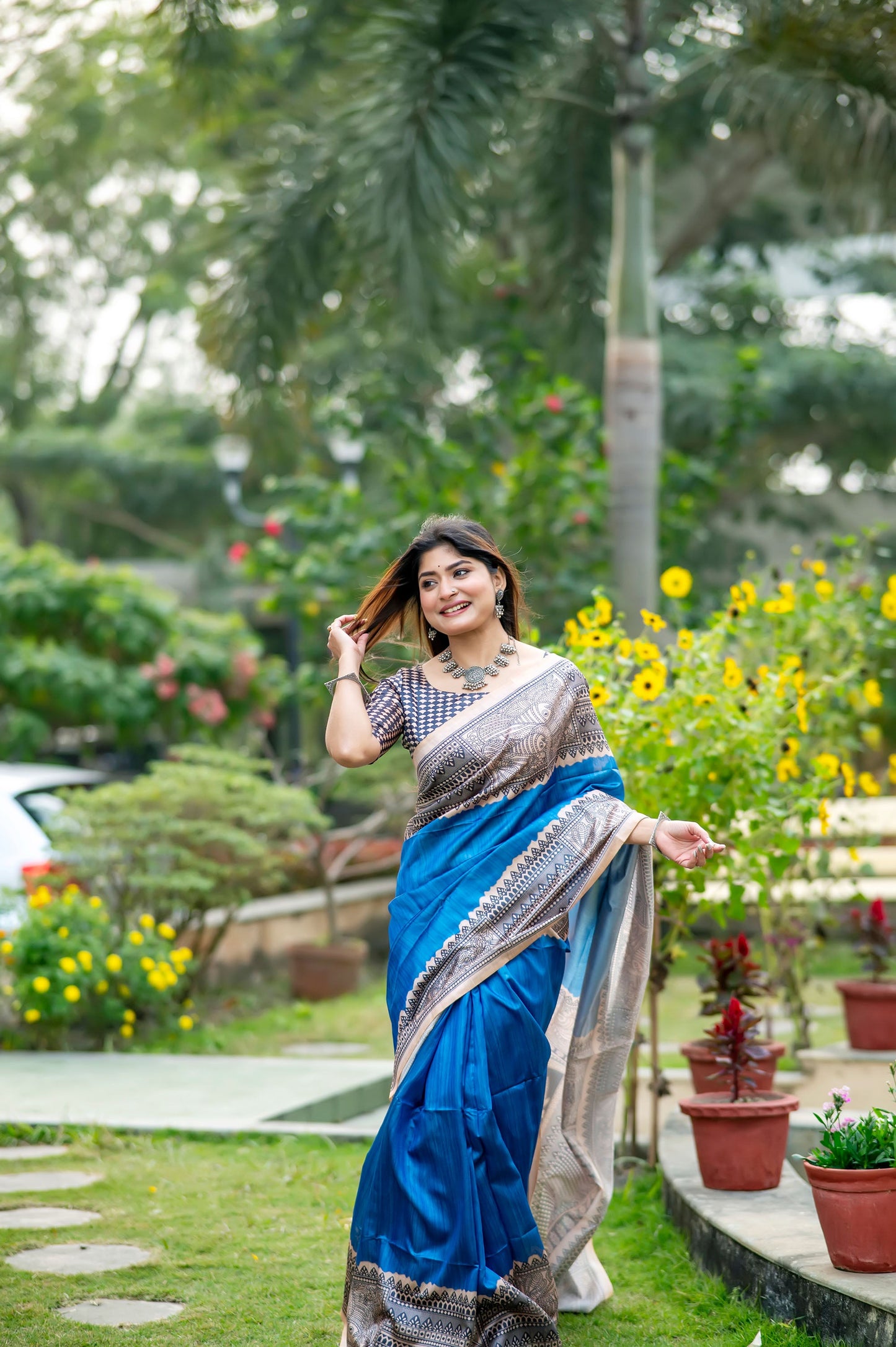 Yogita Blue Soft Tussar Silk Madhubani printed Saree