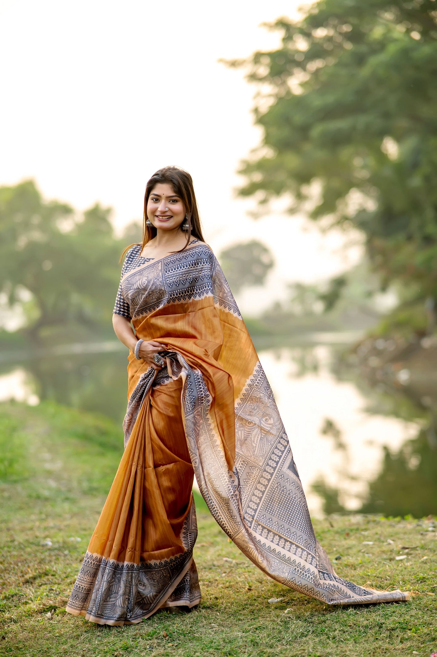 Yogita Mustard Soft Tussar Silk Madhubani printed Saree