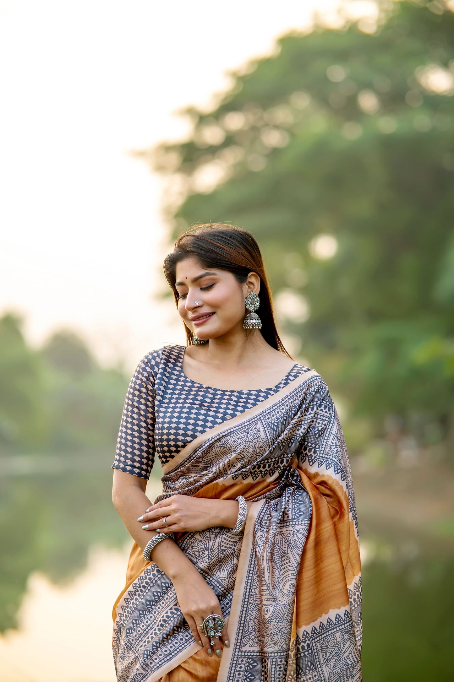 Yogita Mustard Soft Tussar Silk Madhubani printed Saree
