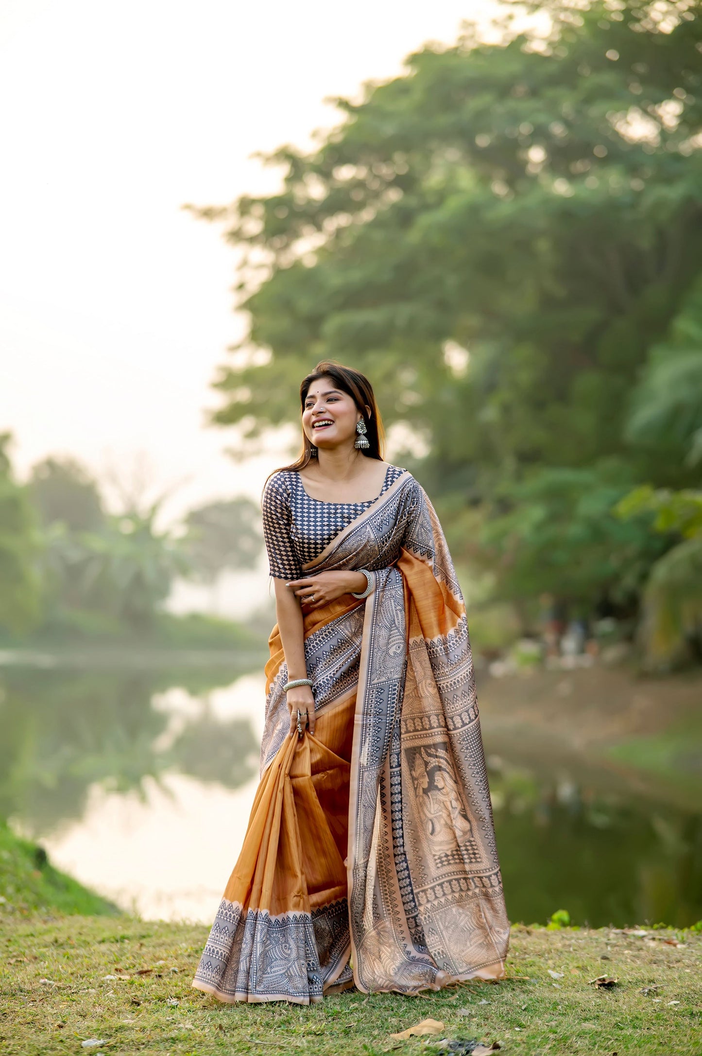 Yogita Mustard Soft Tussar Silk Madhubani printed Saree