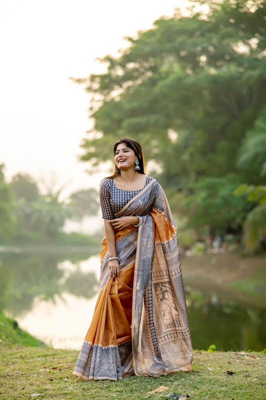 Yogita Mustard Soft Tussar Silk Madhubani printed Saree