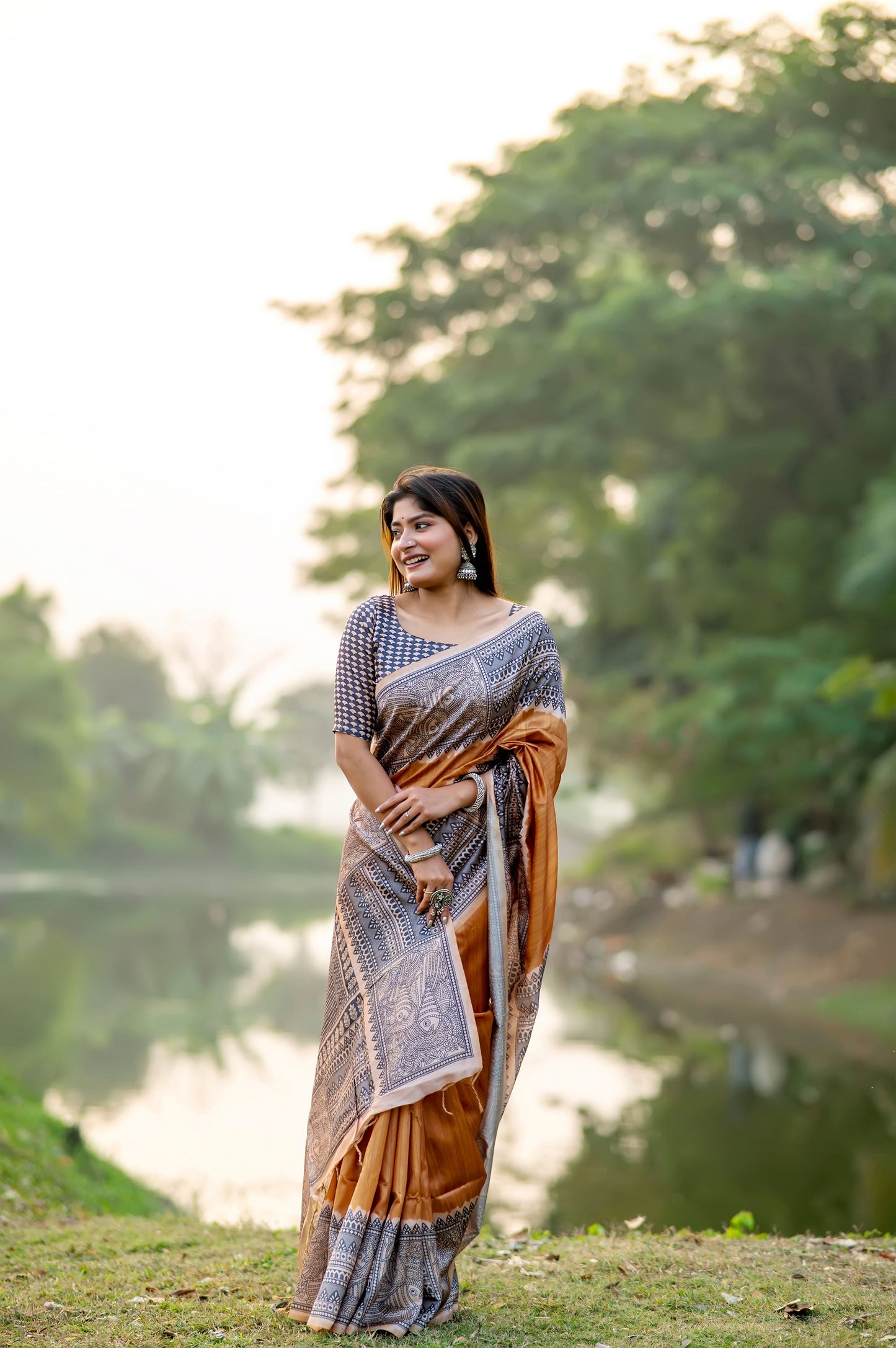 Yogita Mustard Soft Tussar Silk Madhubani printed Saree