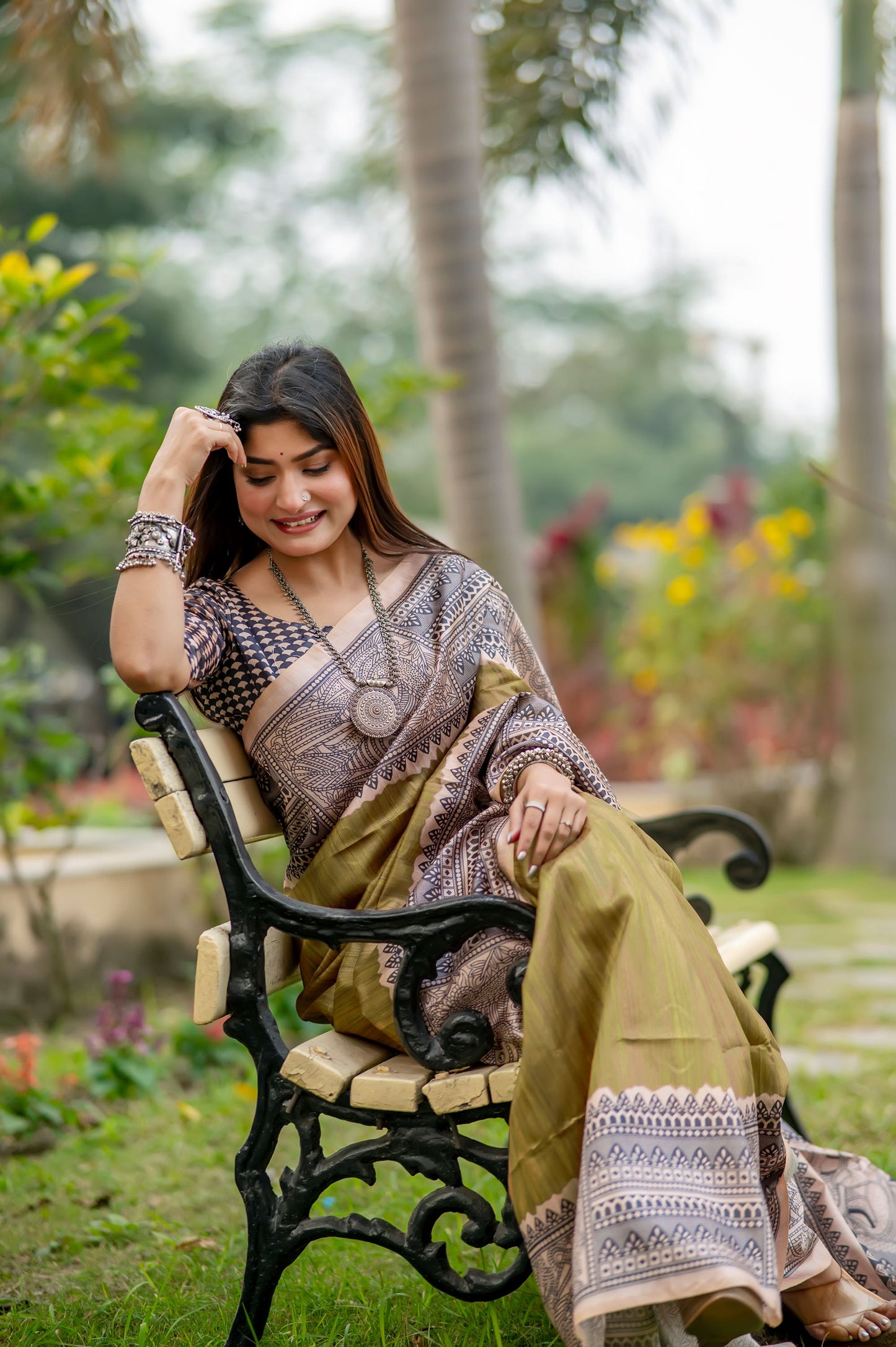 Yogita Mahendi Soft Tussar Silk Madhubani printed Saree
