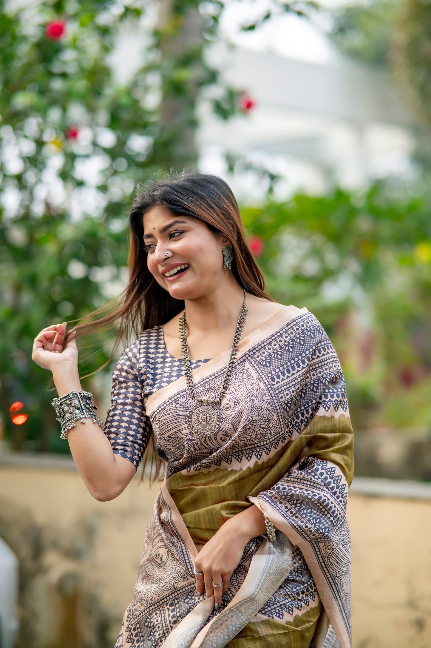 Yogita Mahendi Soft Tussar Silk Madhubani printed Saree
