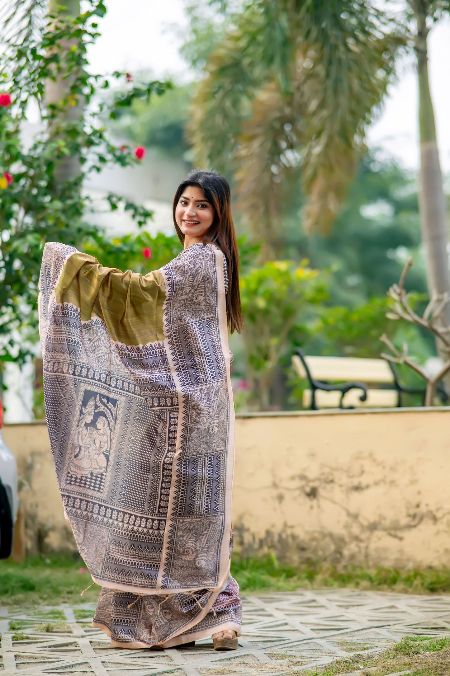 Yogita Mahendi Soft Tussar Silk Madhubani printed Saree