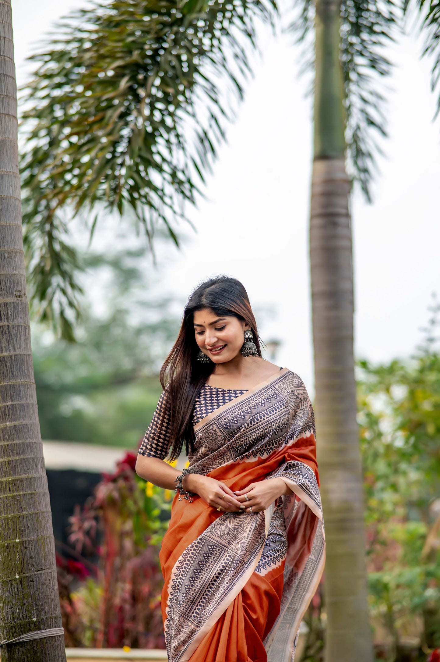 Yogita Orange Soft Tussar Silk Madhubani printed Saree