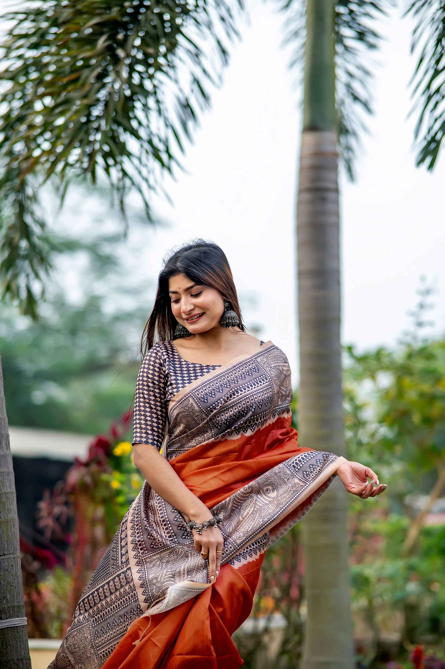 Yogita Orange Soft Tussar Silk Madhubani printed Saree