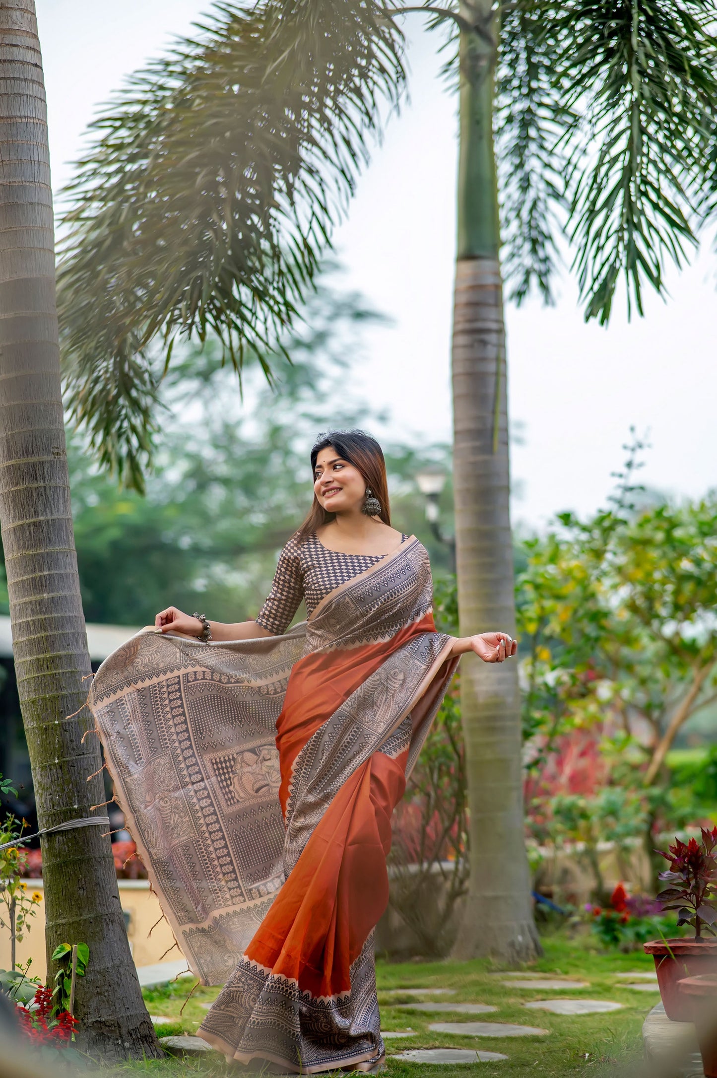 Yogita Orange Soft Tussar Silk Madhubani printed Saree
