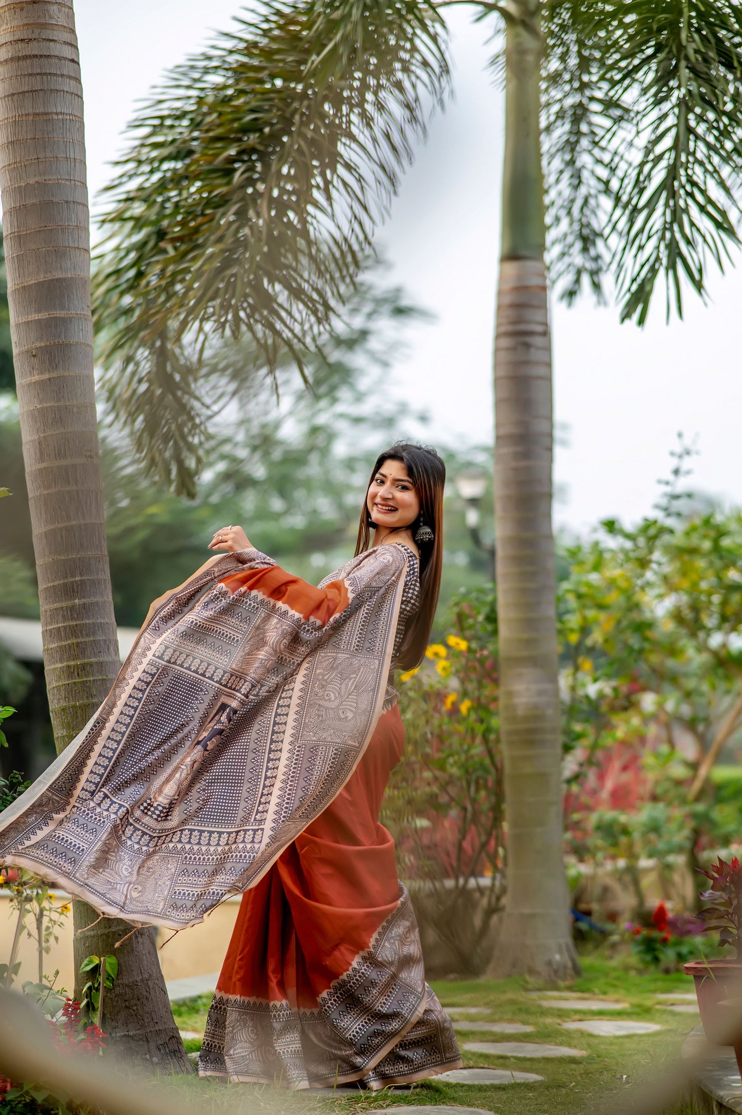 Yogita Orange Soft Tussar Silk Madhubani printed Saree