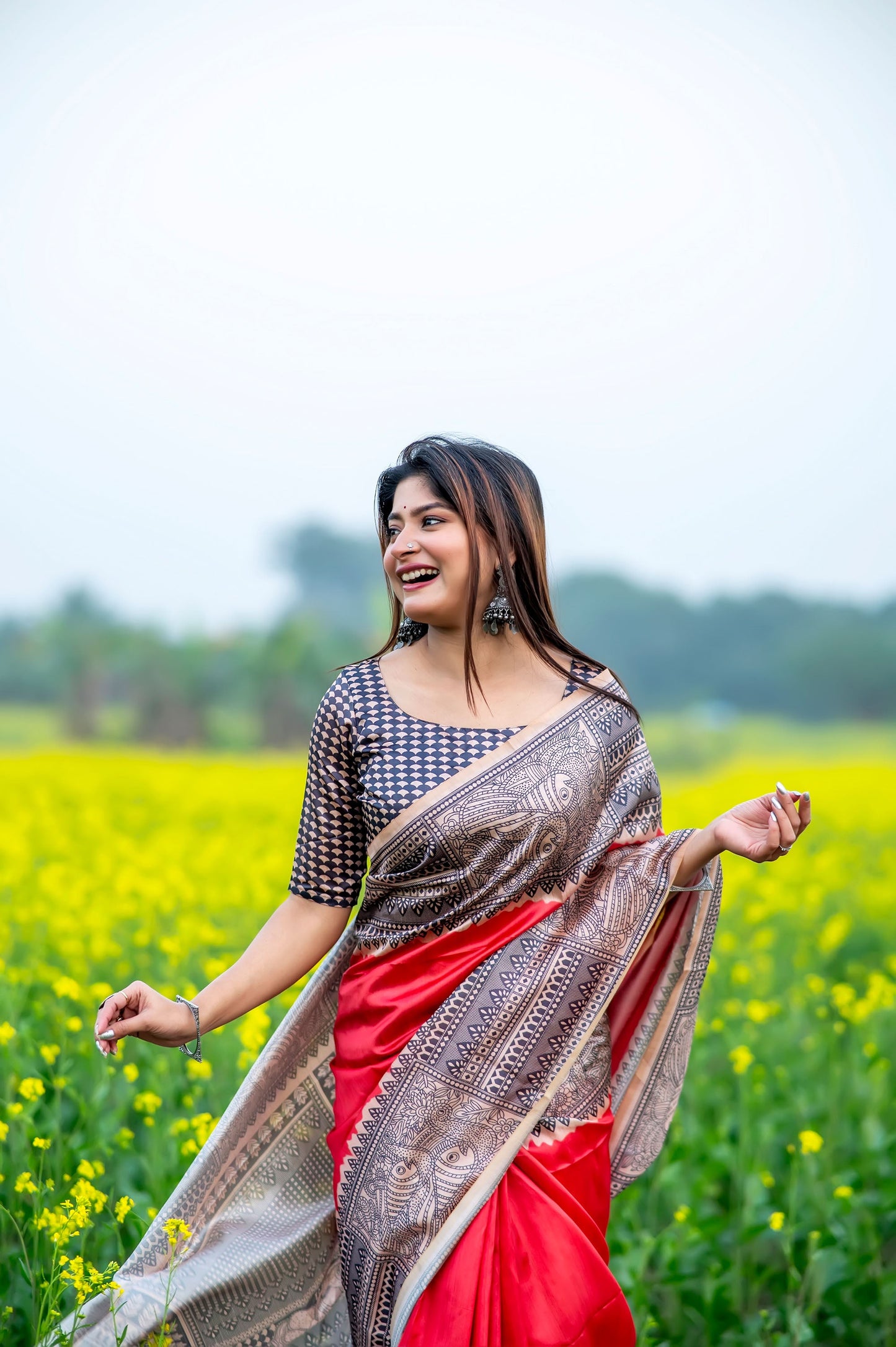 Yogita Red Soft Tussar Silk Madhubani printed Saree