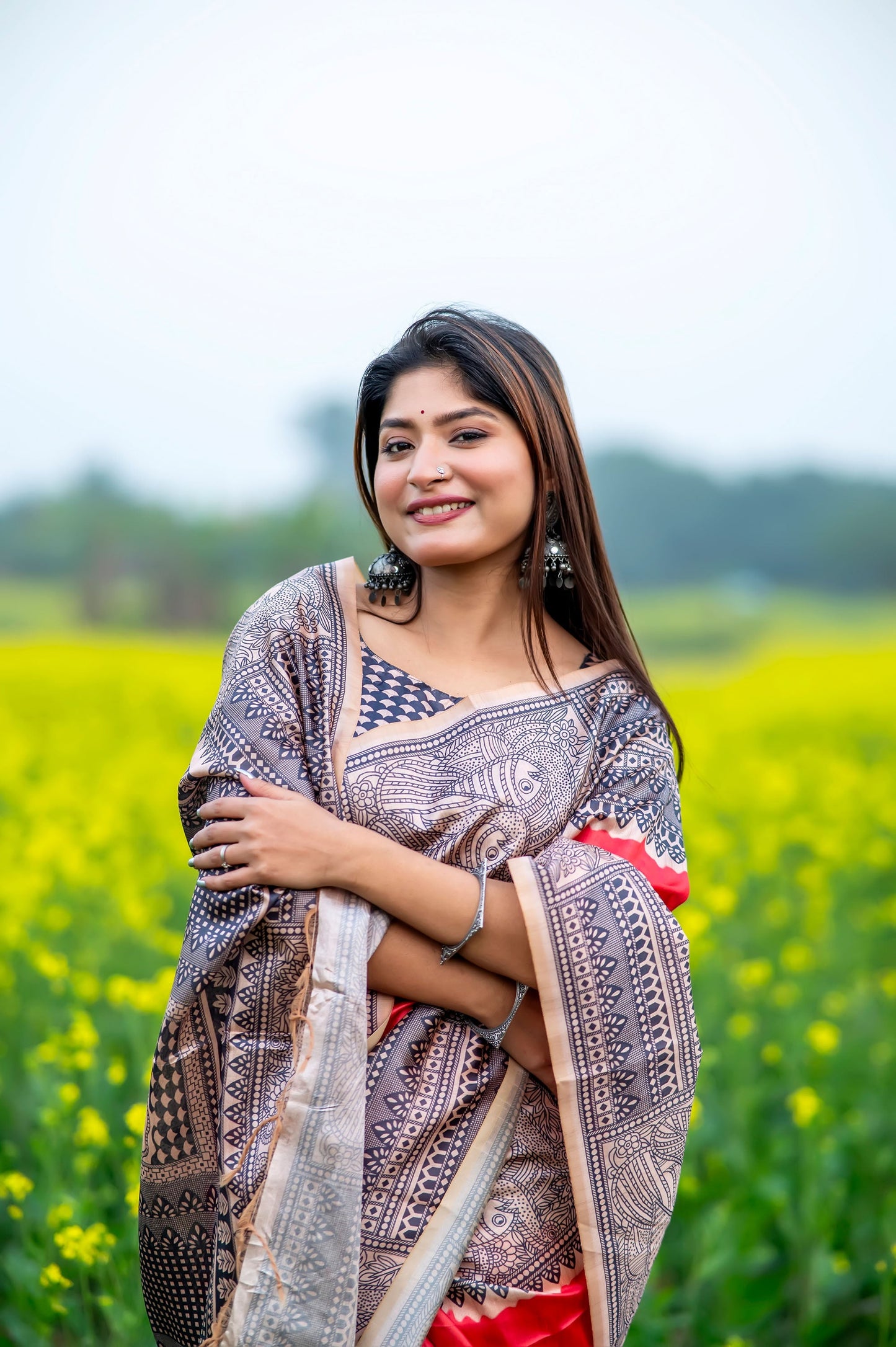 Yogita Red Soft Tussar Silk Madhubani printed Saree