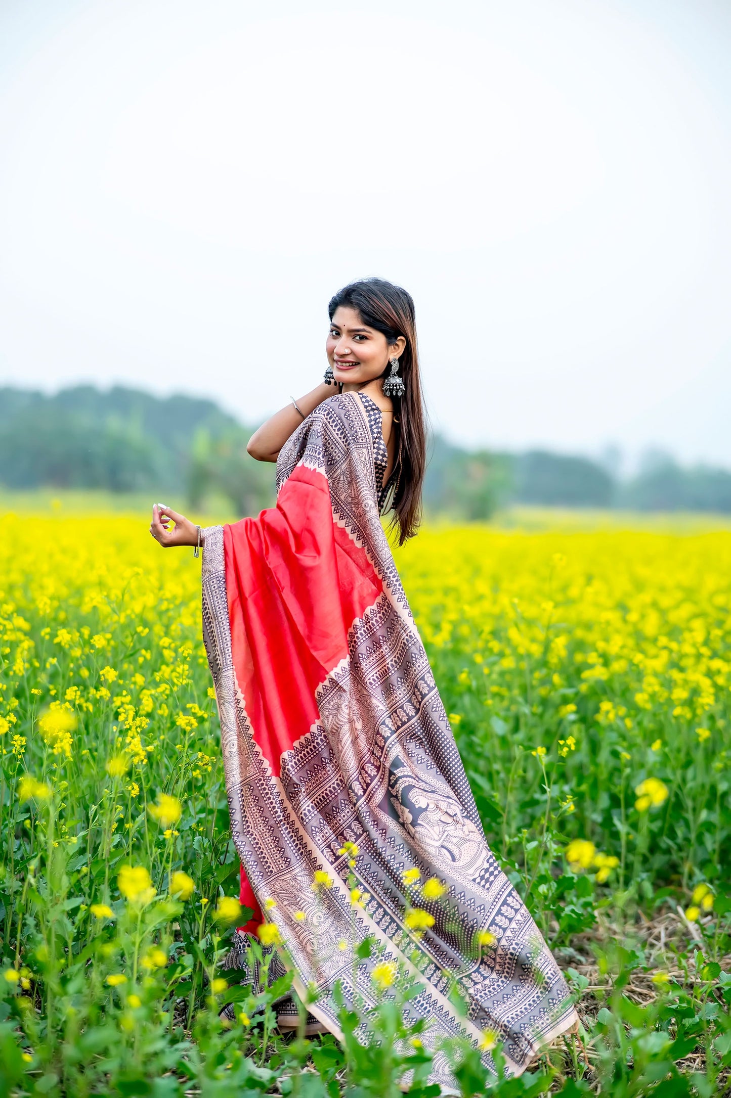 Yogita Red Soft Tussar Silk Madhubani printed Saree