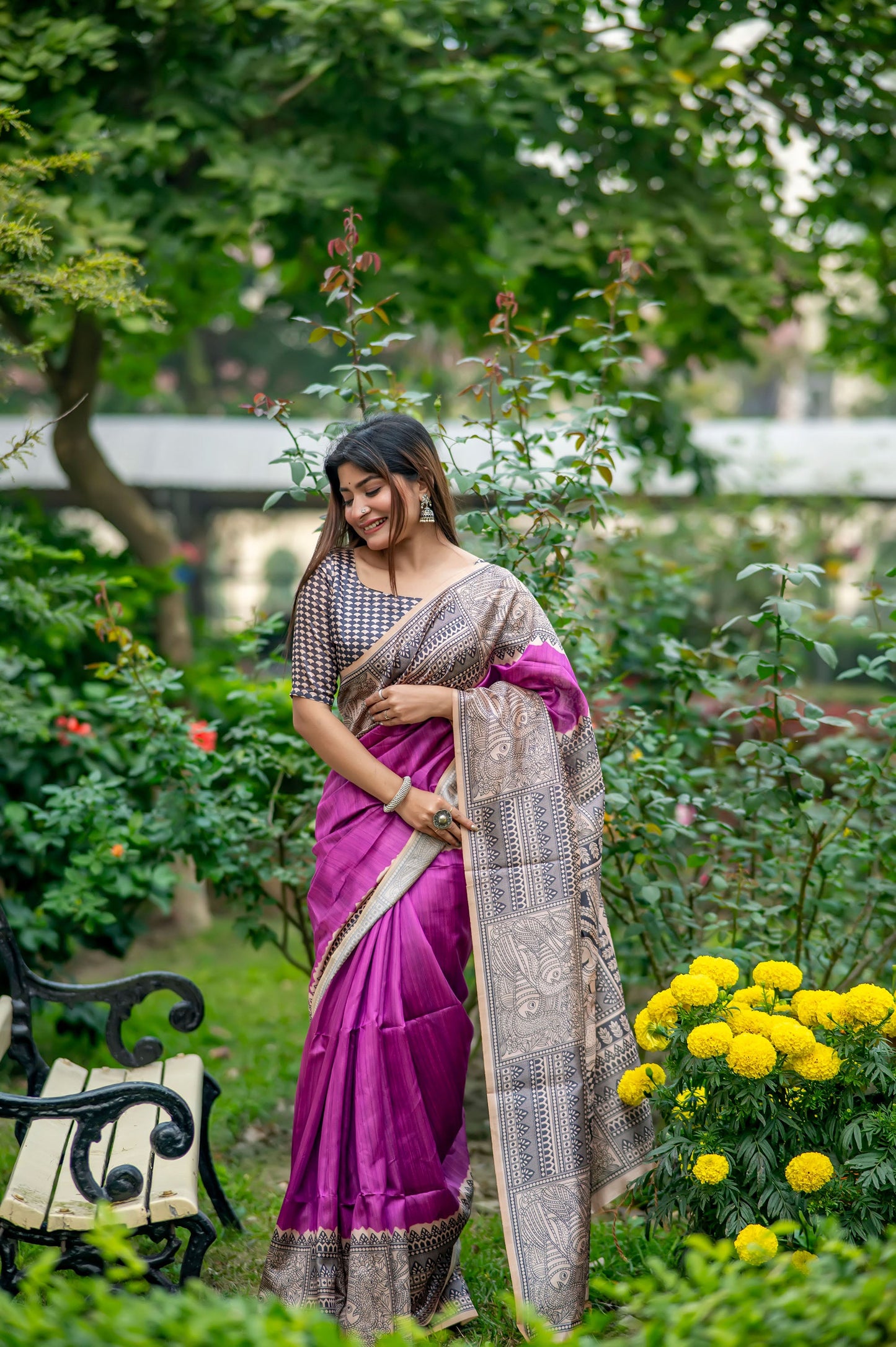 Yogita Wine Soft Tussar Silk Madhubani printed Saree