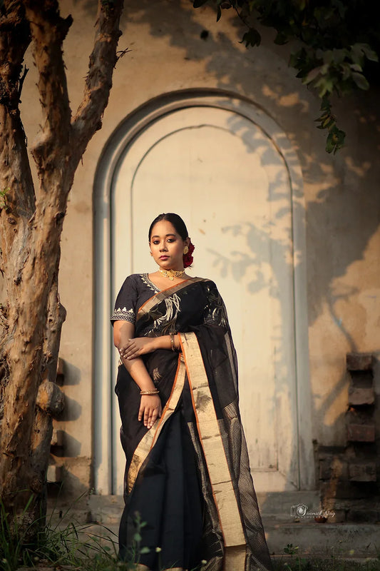 Handloom Black Chanderi Pure Silk Saree With Gold Zari Motifs