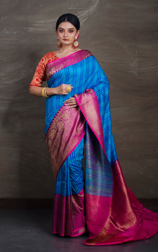 Pure Dupion Tussar Banarasi Saree in Blue and Rani