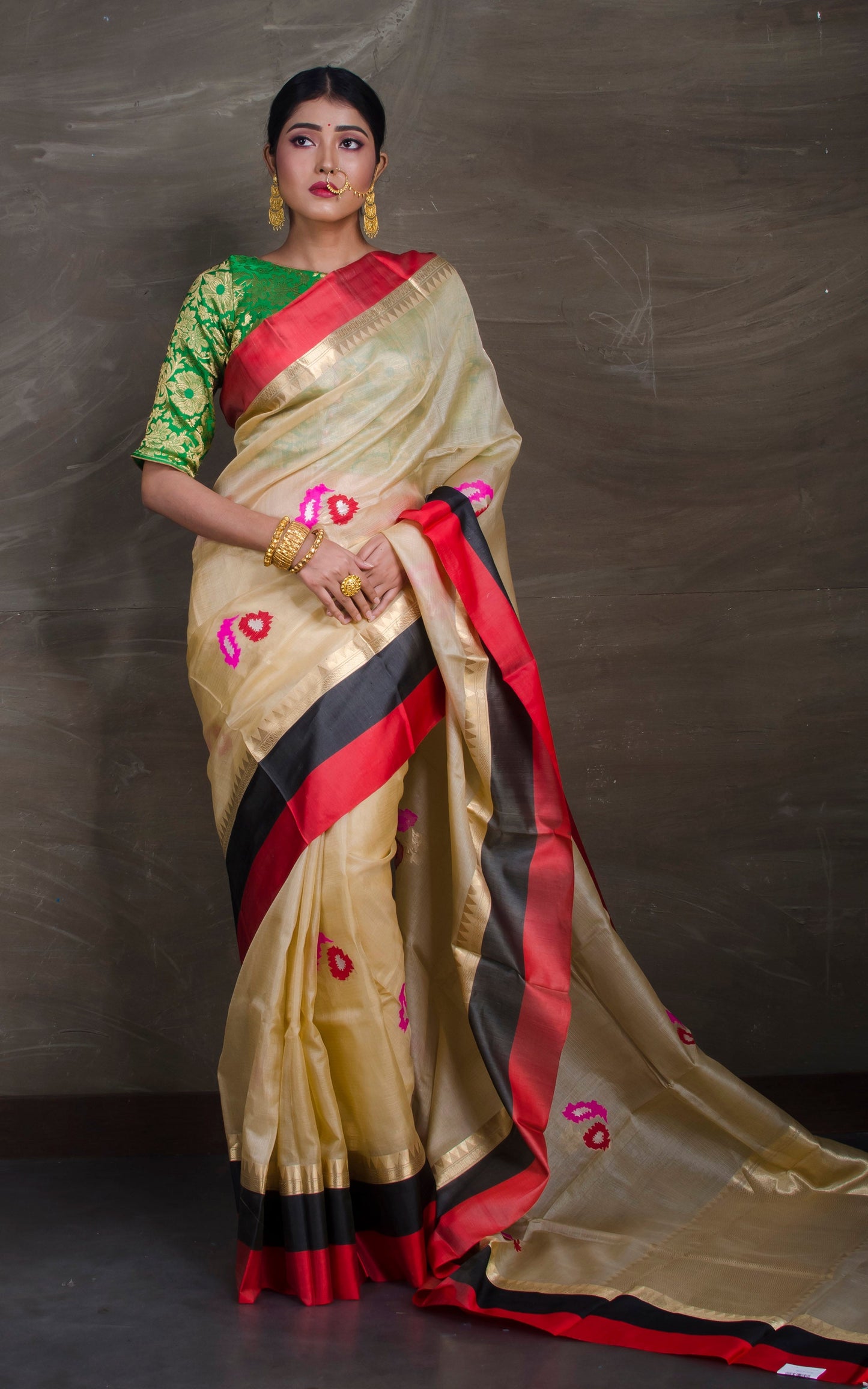 Alfi Work Tussar Banarasi Saree with Satin Border in Beige and Multicolored Thread Work