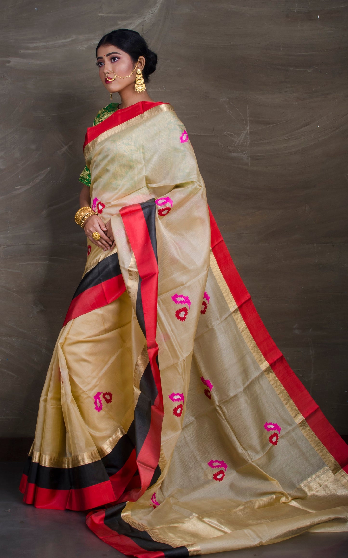 Alfi Work Tussar Banarasi Saree with Satin Border in Beige and Multicolored Thread Work