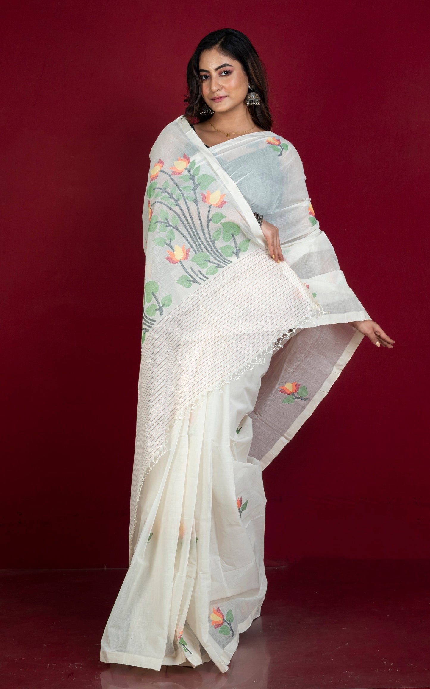 Premium Quality Hand Work Cotton Dhakai Jamdani Saree in Vista White and Multicolored Thread Work