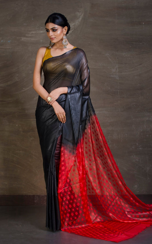 Soft Bhagalpuri Resham Silk Saree with woven Floral Muslin Pallu in Black and Red