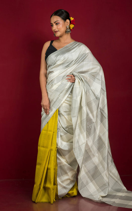 Half and Half Soft Bishnupuri Katan Silk Saree in Off White, Black and Yellow