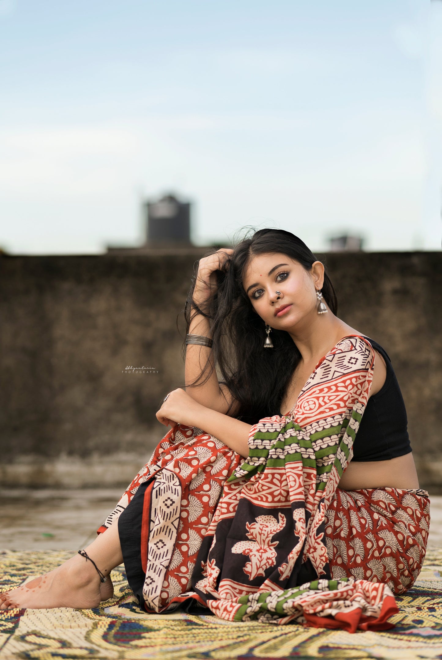 Chilgoza- Red Bagru Natural Dyes Handblock Printed - Cotton Mulmul Saree