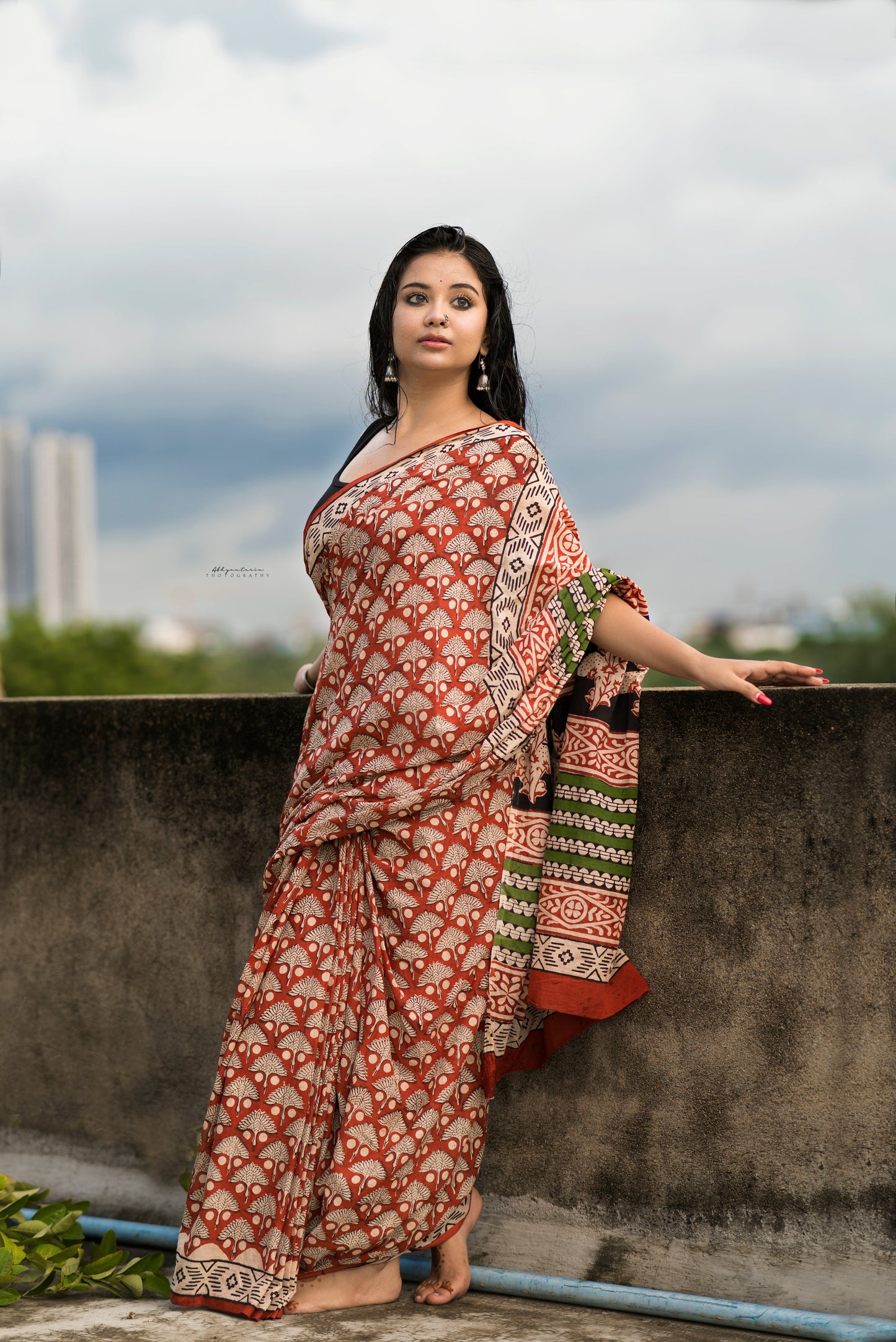 Chilgoza- Red Bagru Natural Dyes Handblock Printed - Cotton Mulmul Saree
