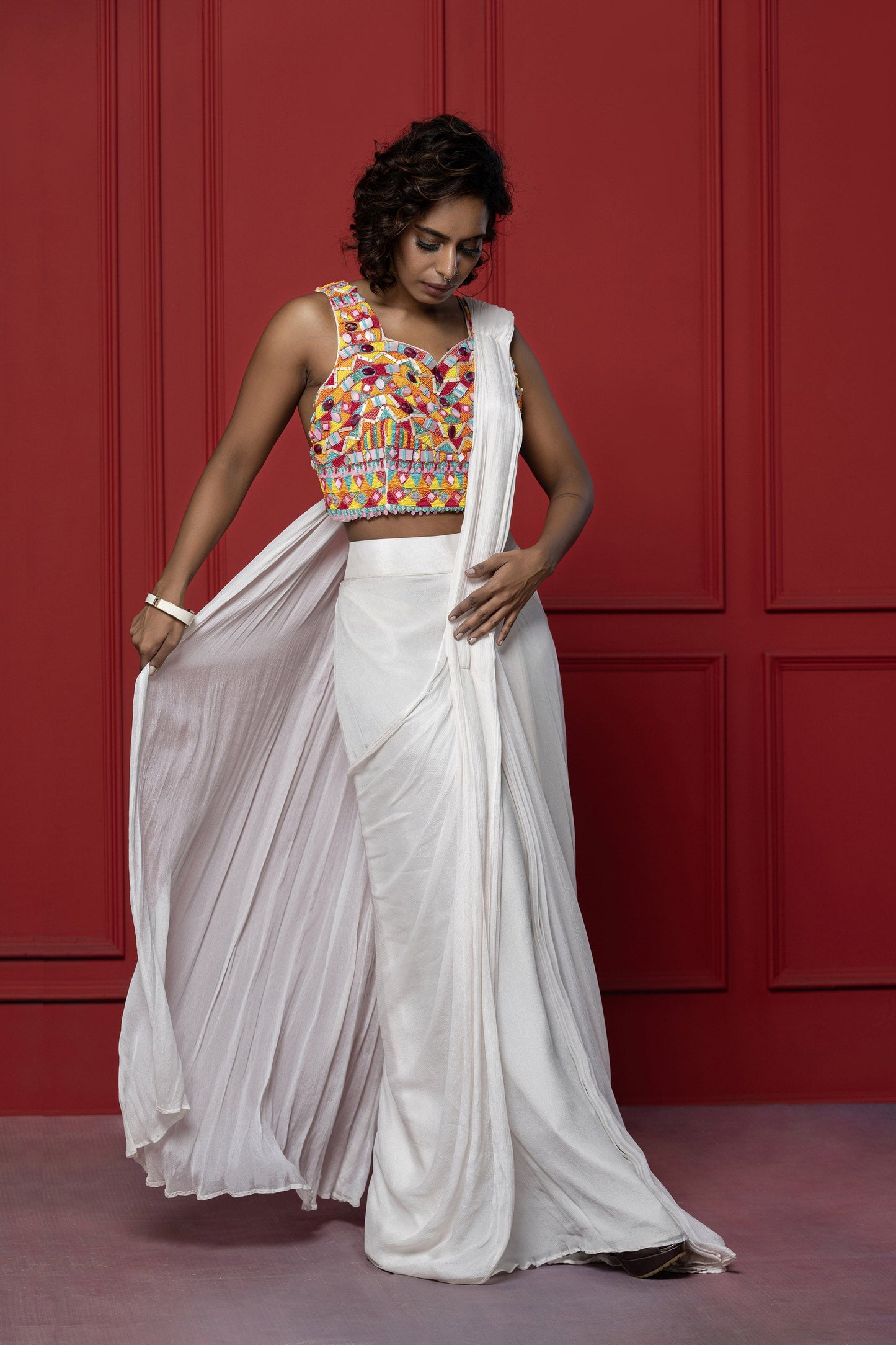 3D Embellished Baby Pink Upada Silk Saree