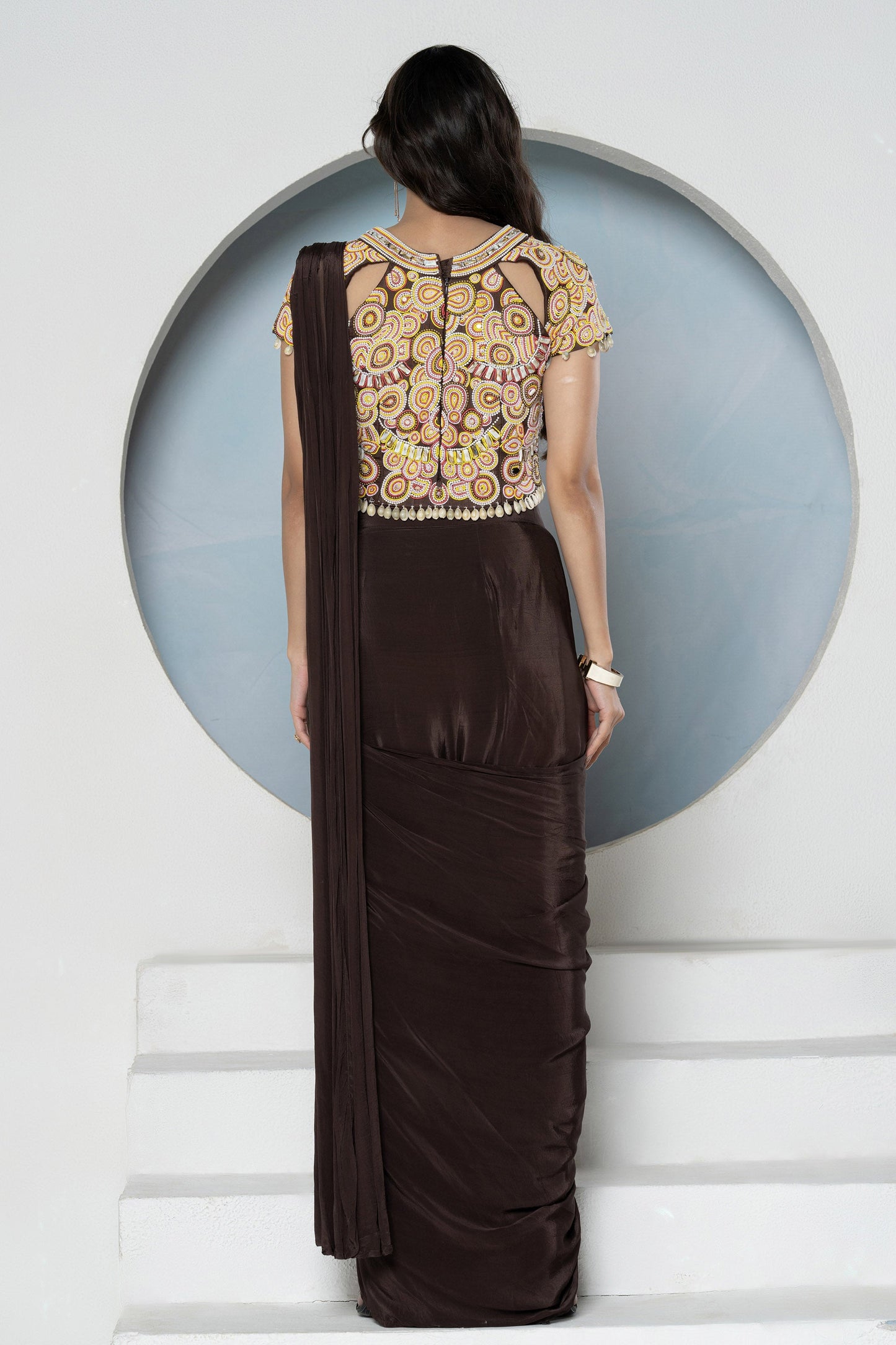 Brown Crepe Peral Shell Saree