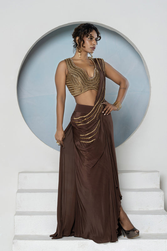 Brown Crepe Kundan Cocktail Saree