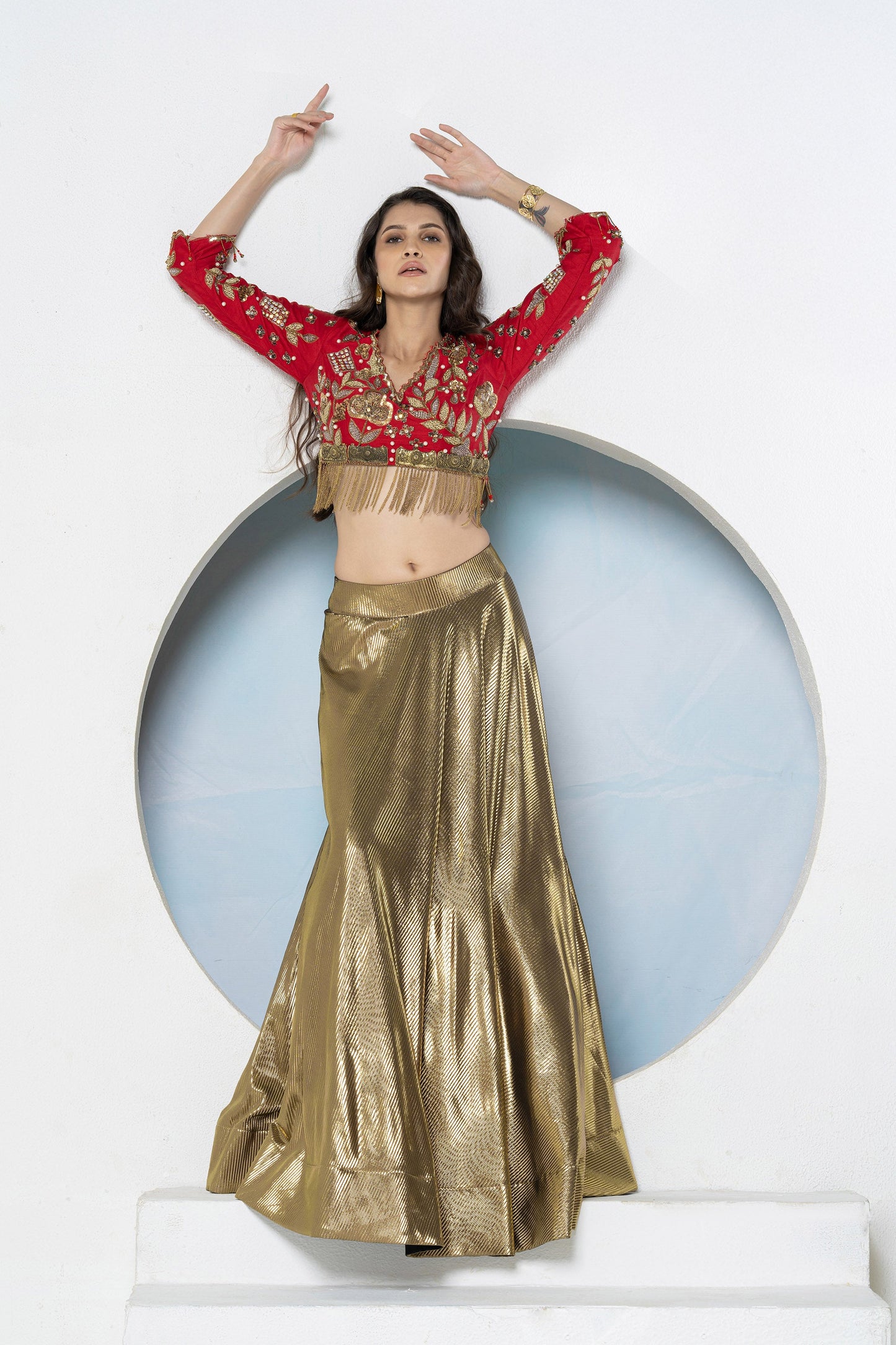 Red & Gold Bling Dola Silk Embellished Lehenga
