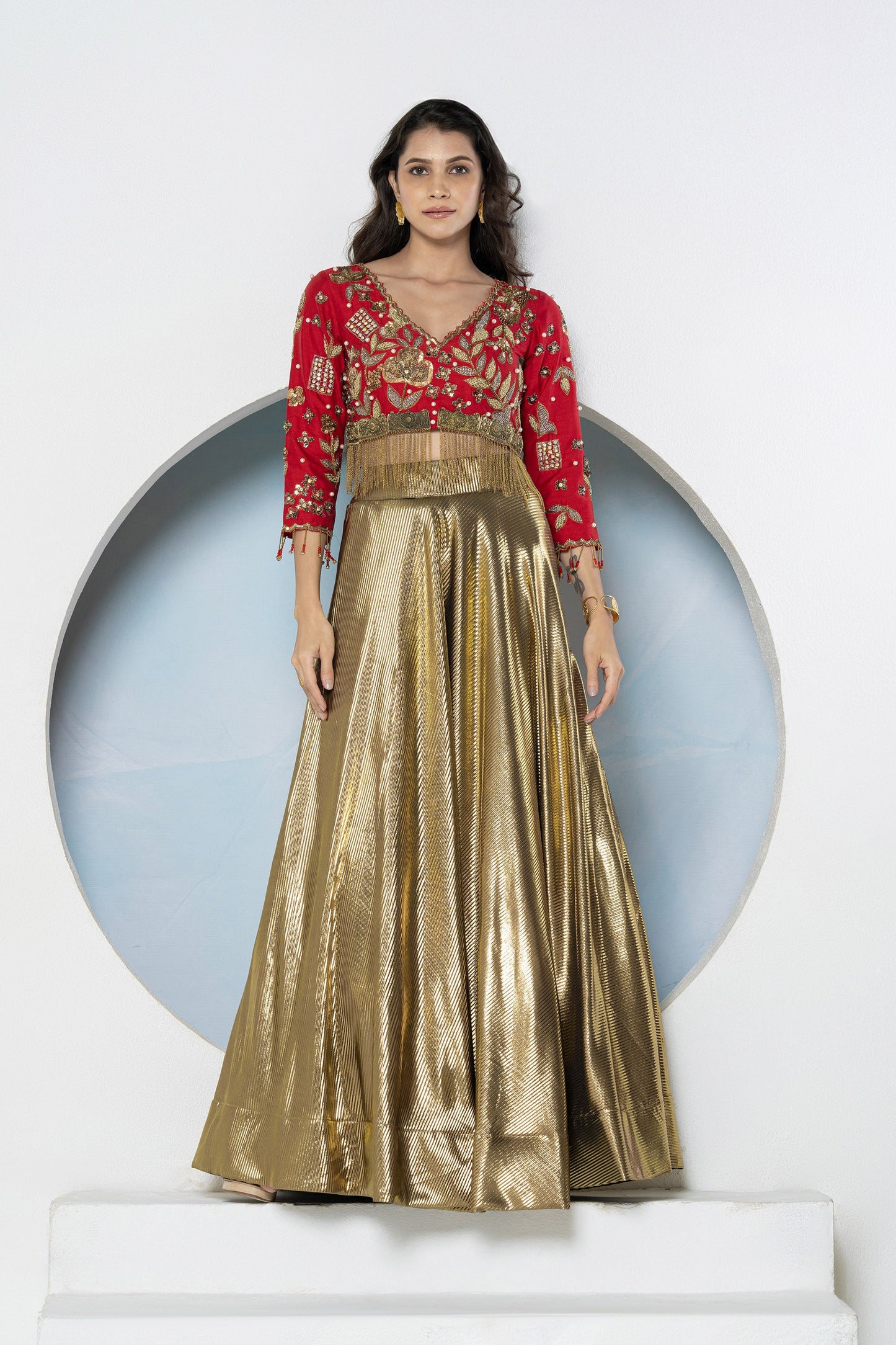 Red & Gold Bling Dola Silk Embellished Lehenga