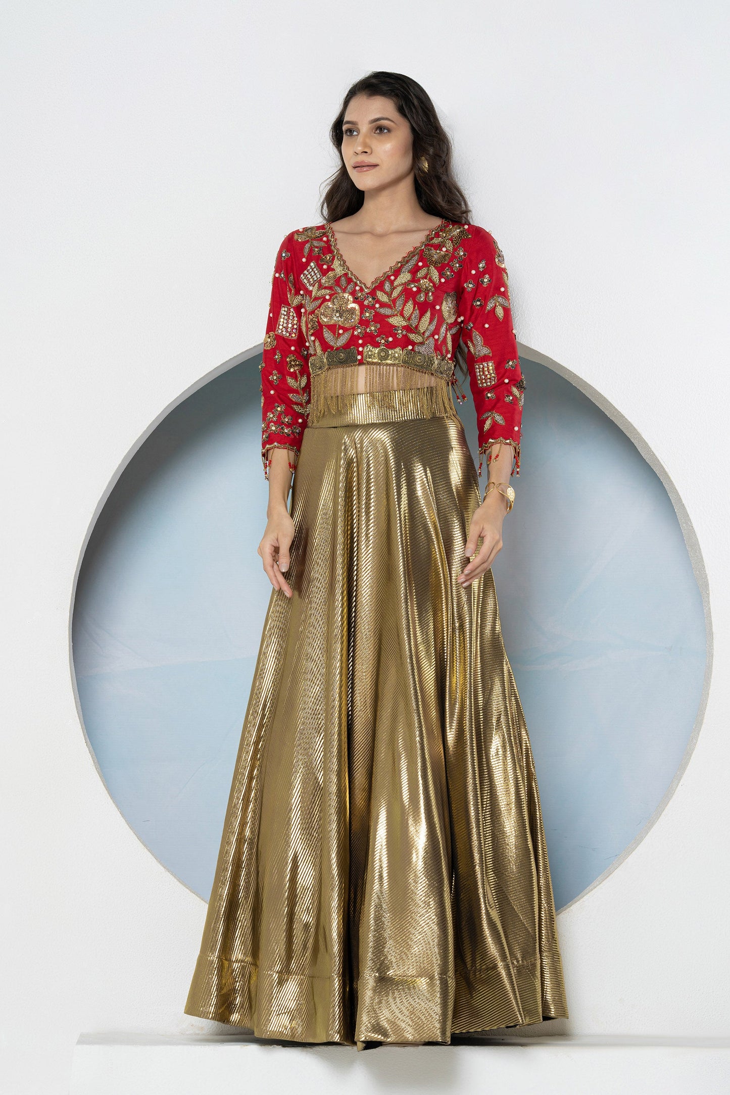 Red & Gold Bling Dola Silk Embellished Lehenga