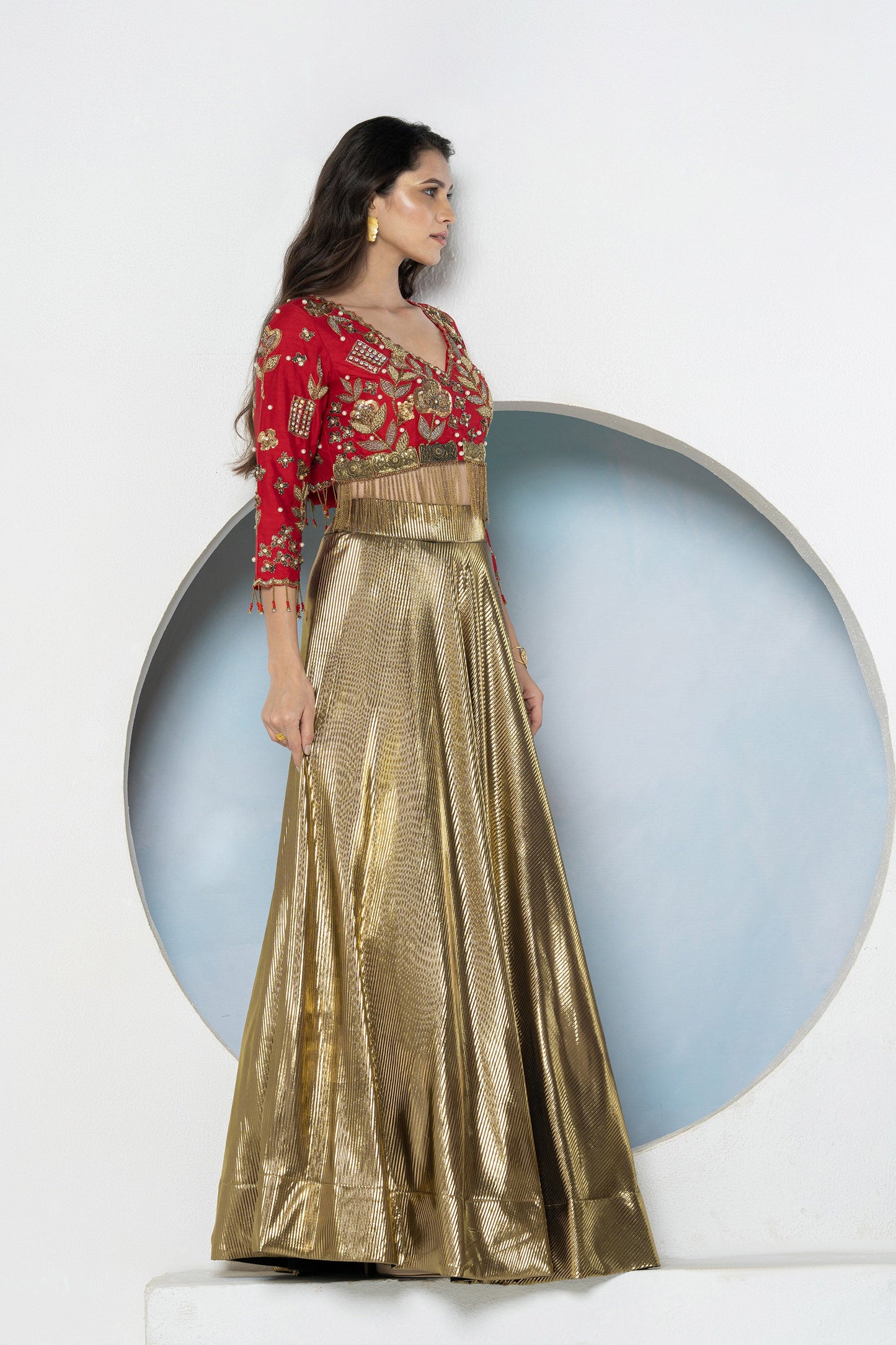 Red & Gold Bling Dola Silk Embellished Lehenga