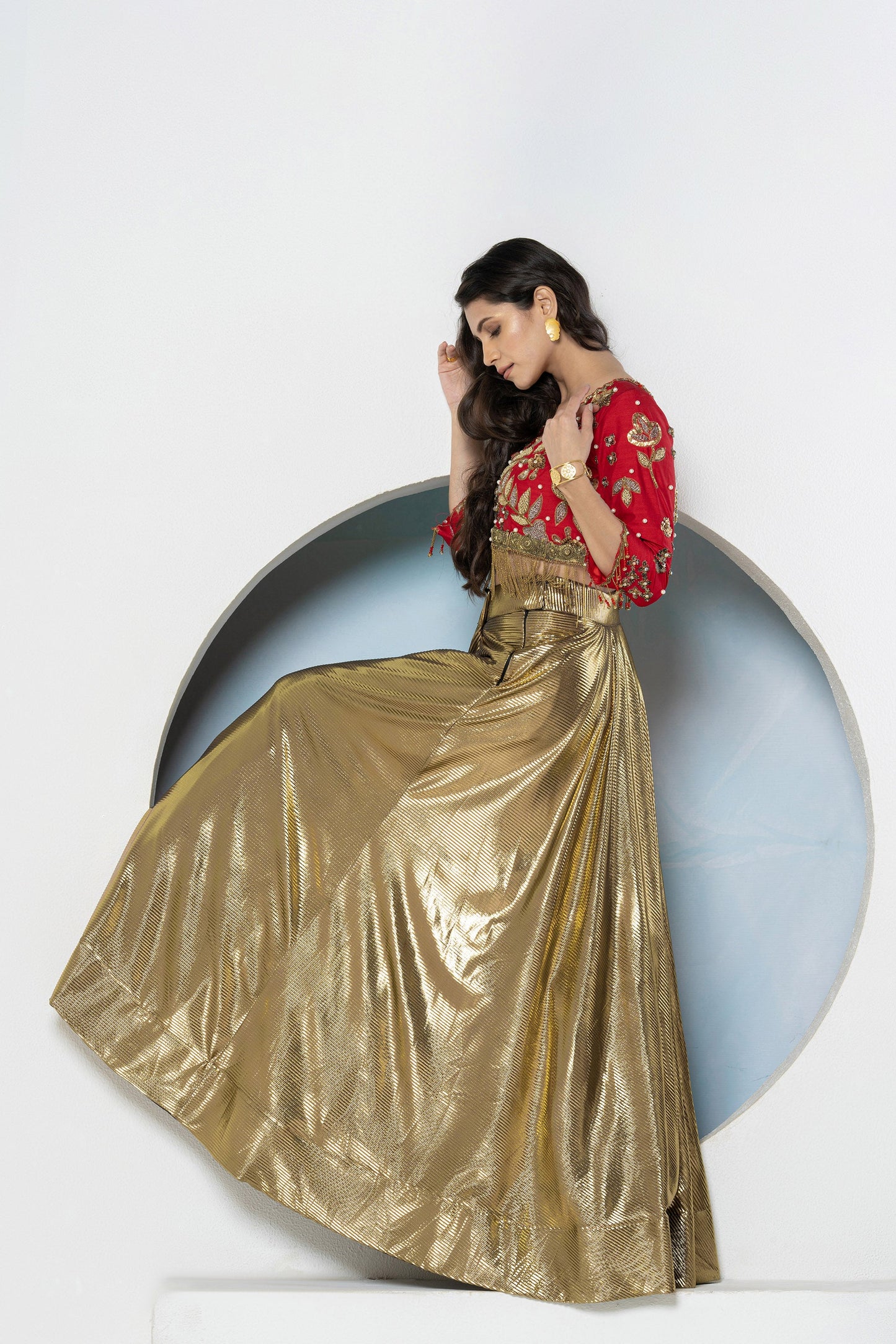 Red & Gold Bling Dola Silk Embellished Lehenga