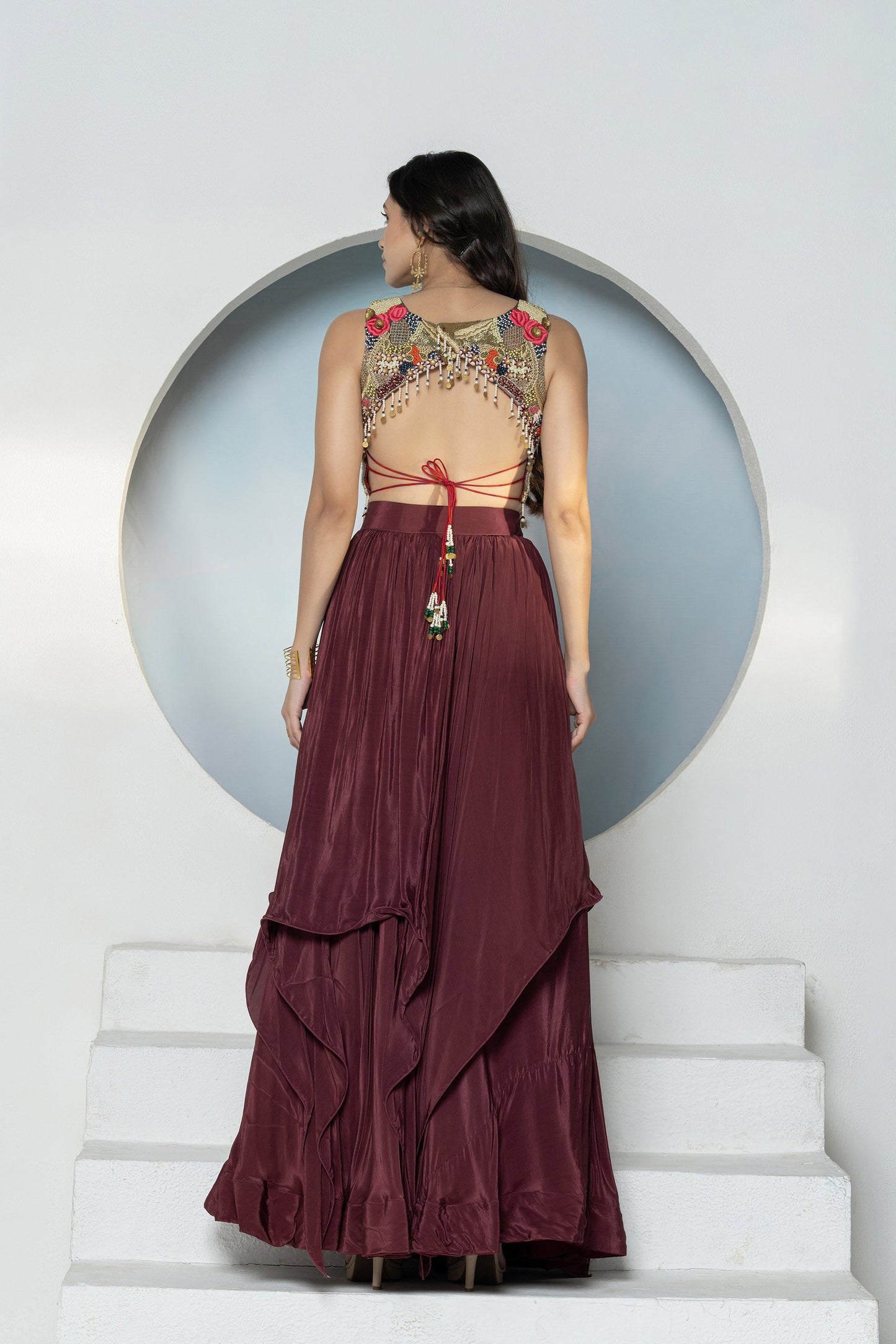 Maroon Embroidered 2Piece Crepe Lehenga Set