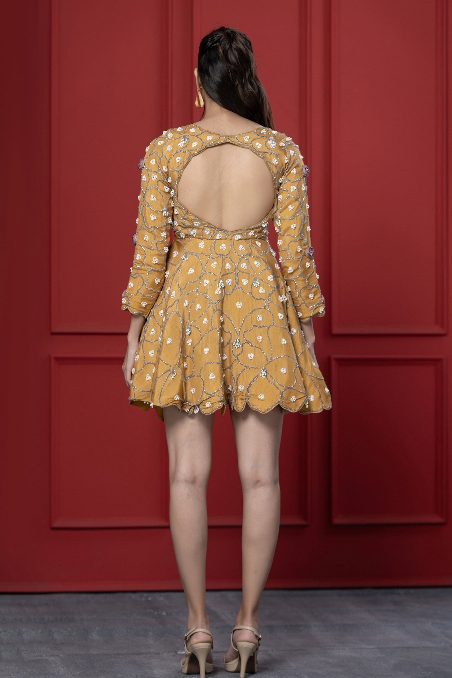Mustard Dola Silk Embroidered Frock