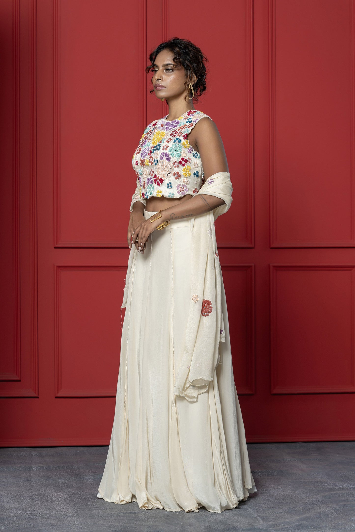 Off white  Crepe French knot Floral Lehenga