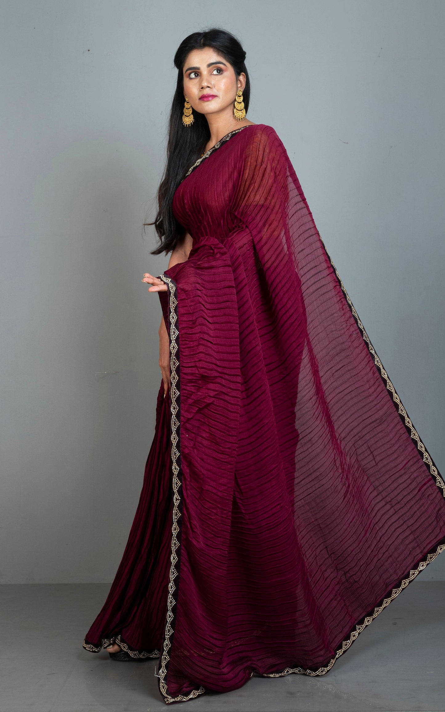 Designer Italian Crepe Silk Ruffle Saree in Dark Wine and Black