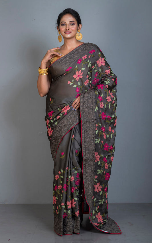 Parsi Cross Stitch Work Designer Italian Crepe Silk Saree in Taupe Brown, Hot Pink and Multicolored Thread Work