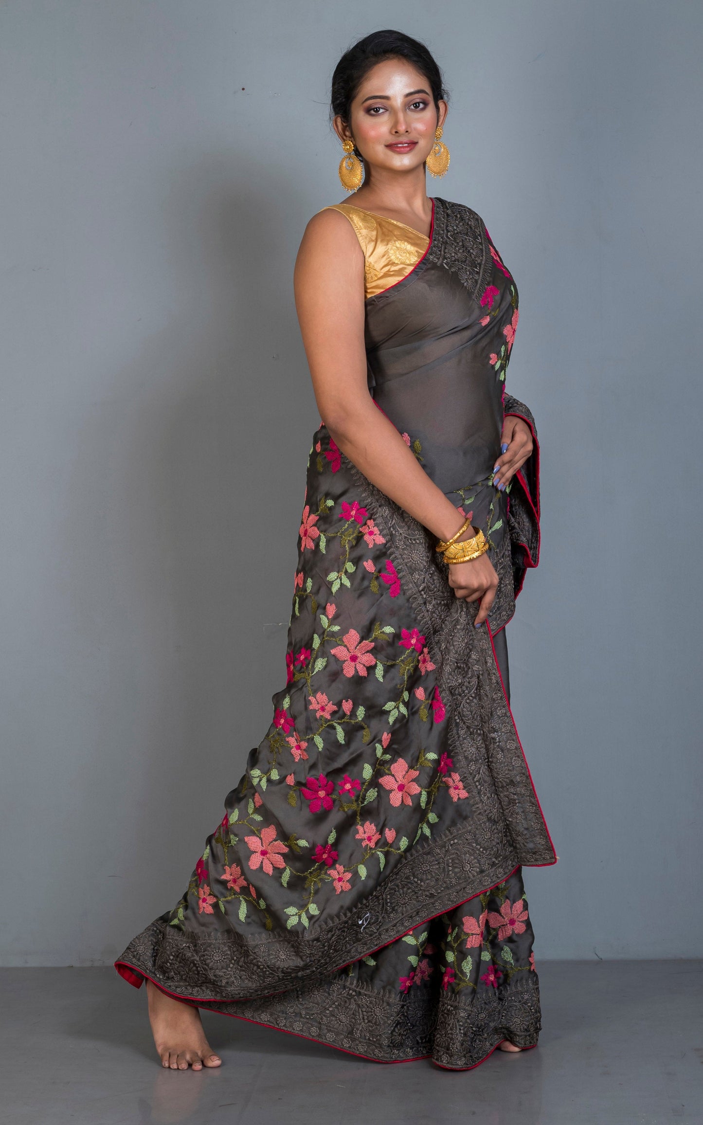 Parsi Cross Stitch Work Designer Italian Crepe Silk Saree in Taupe Brown, Hot Pink and Multicolored Thread Work